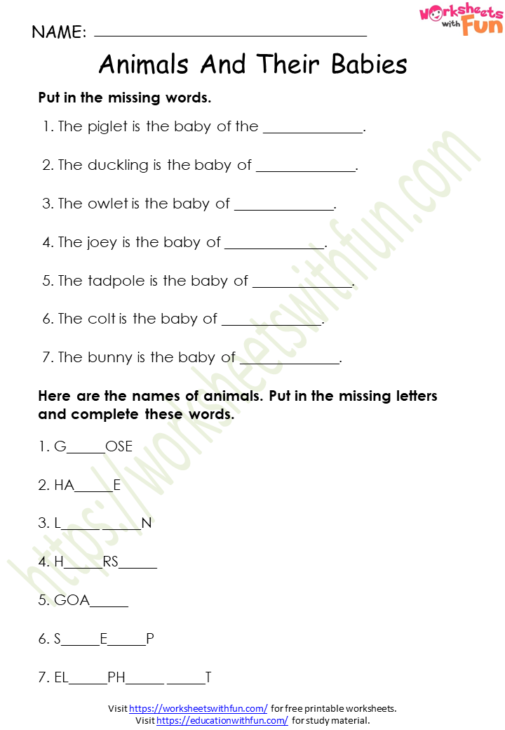 Top 132+ Animals and their young ones worksheets for grade 1